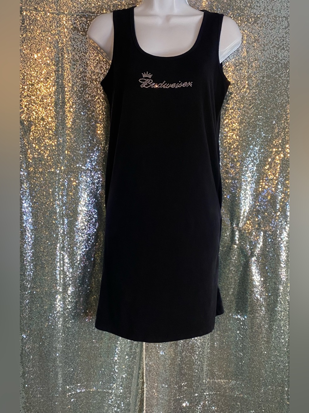 🖤❤️🤍Budweiser Rhinestone Logo Tank Dress-Y2K Black Stretch Mini-Made in USA XL